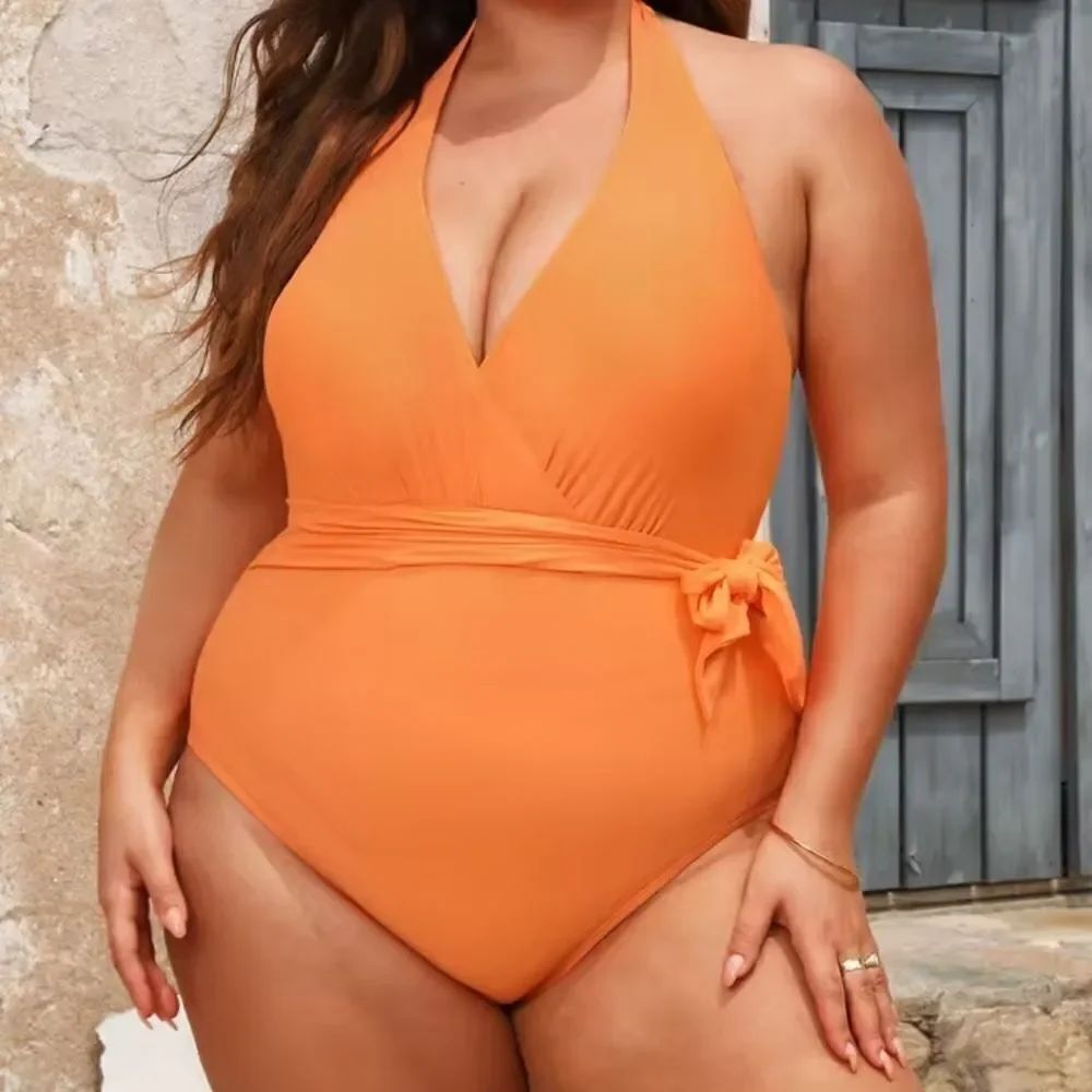 Cupshe Summer of Love Halter Belted Tummy Control Plus Size One Piece Swimsuit